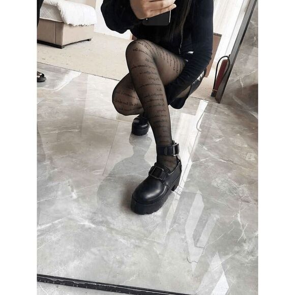 Shakespeare Sonnet Text Printed Tights Black Sheer Nylon Pantyhose Hosiery NEW - Picture 8 of 10